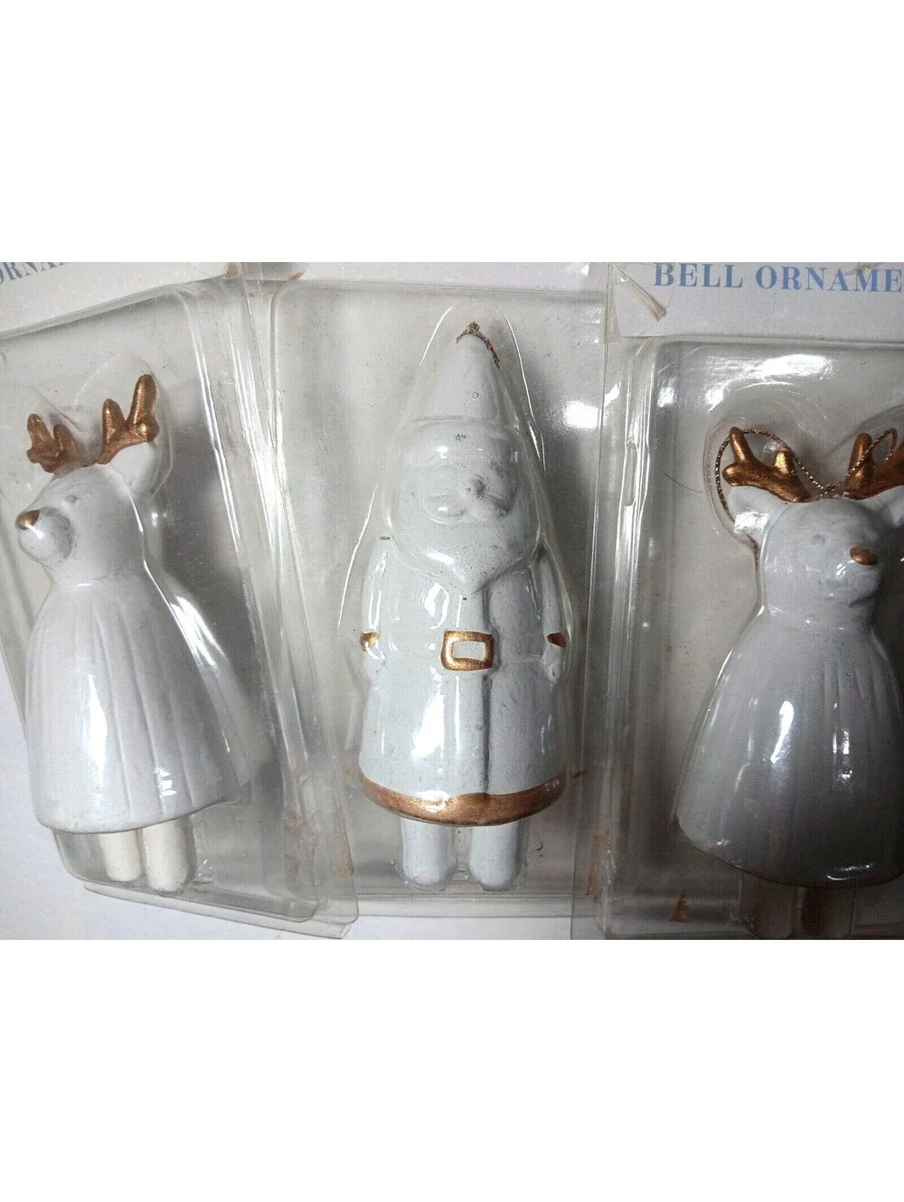 3 Target 2023 Christmas White & Gold Bell Ornaments 5 1/4” Tall Santa Deer